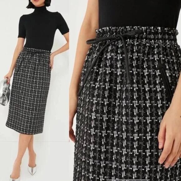 NEW Tuckernuck Black Plaid Onyx Cece‎ Tweed Retro High Rise Midi Skirt Size M - Picture 1 of 10